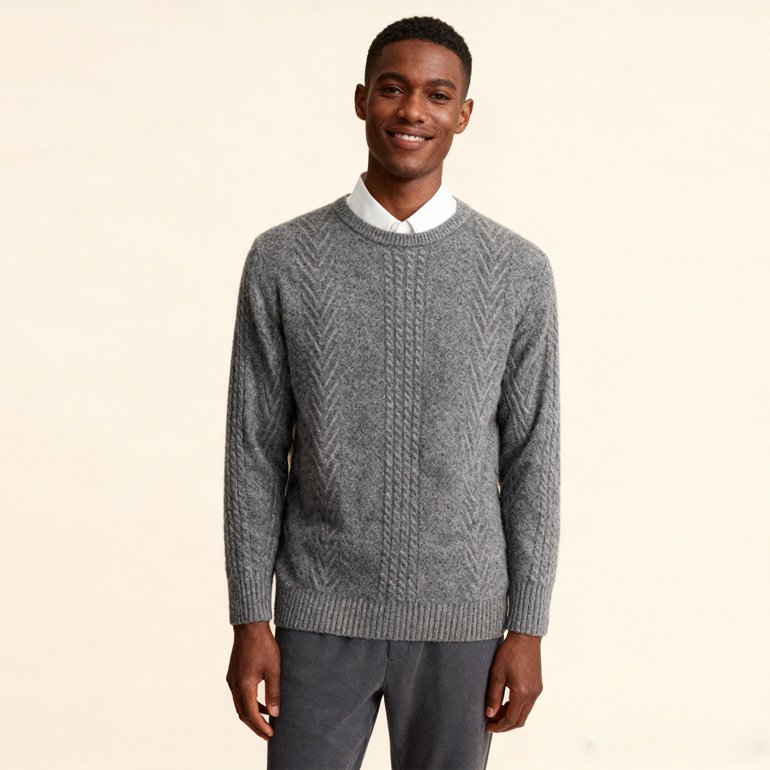 Men's Cashmere Crewneck Sweater Textured Knit Pattern REAL SILK LIFE