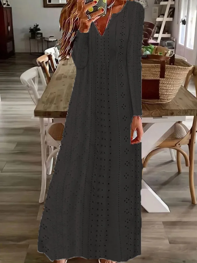 Women's Hollow Jacquard V-Neck Long Sleeve Loose Solid Color Dresses
