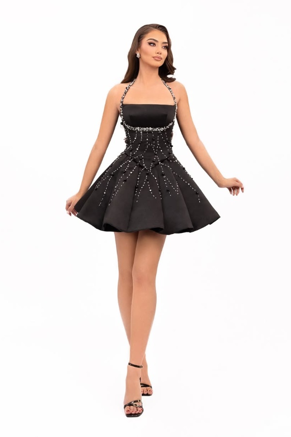 Ovlias Black Halter Spaghetti strap Homecoming Dress Pleated with Rhinestone CH0038