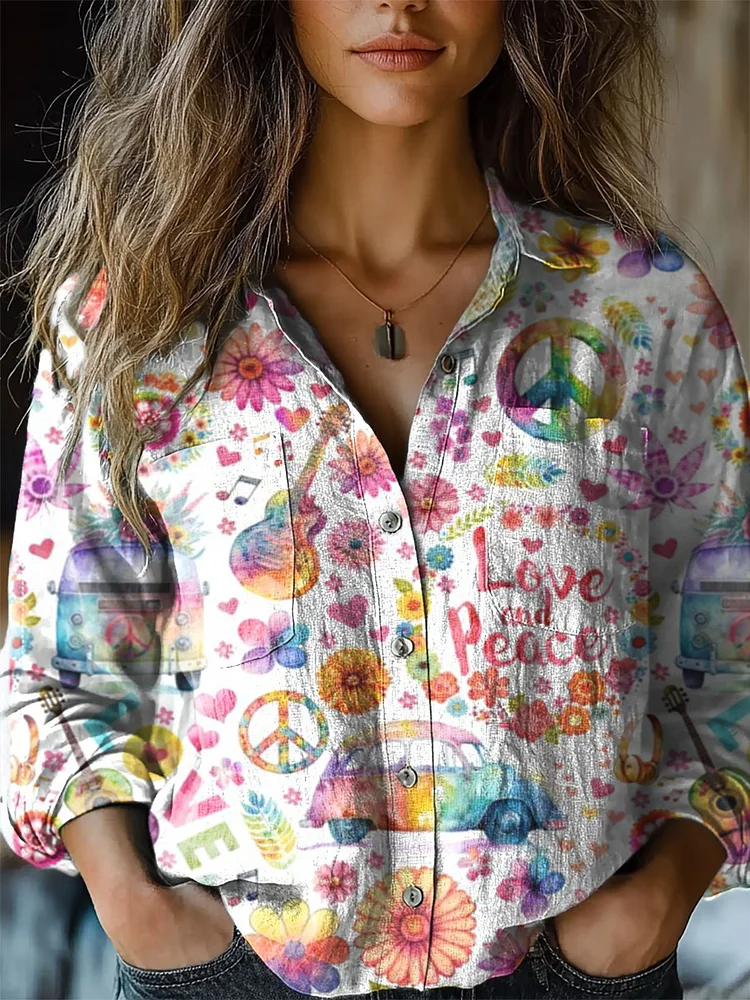 Women's Peace & Love Hippie Print Casual Long Sleeve Comfortable Cotton Shirt