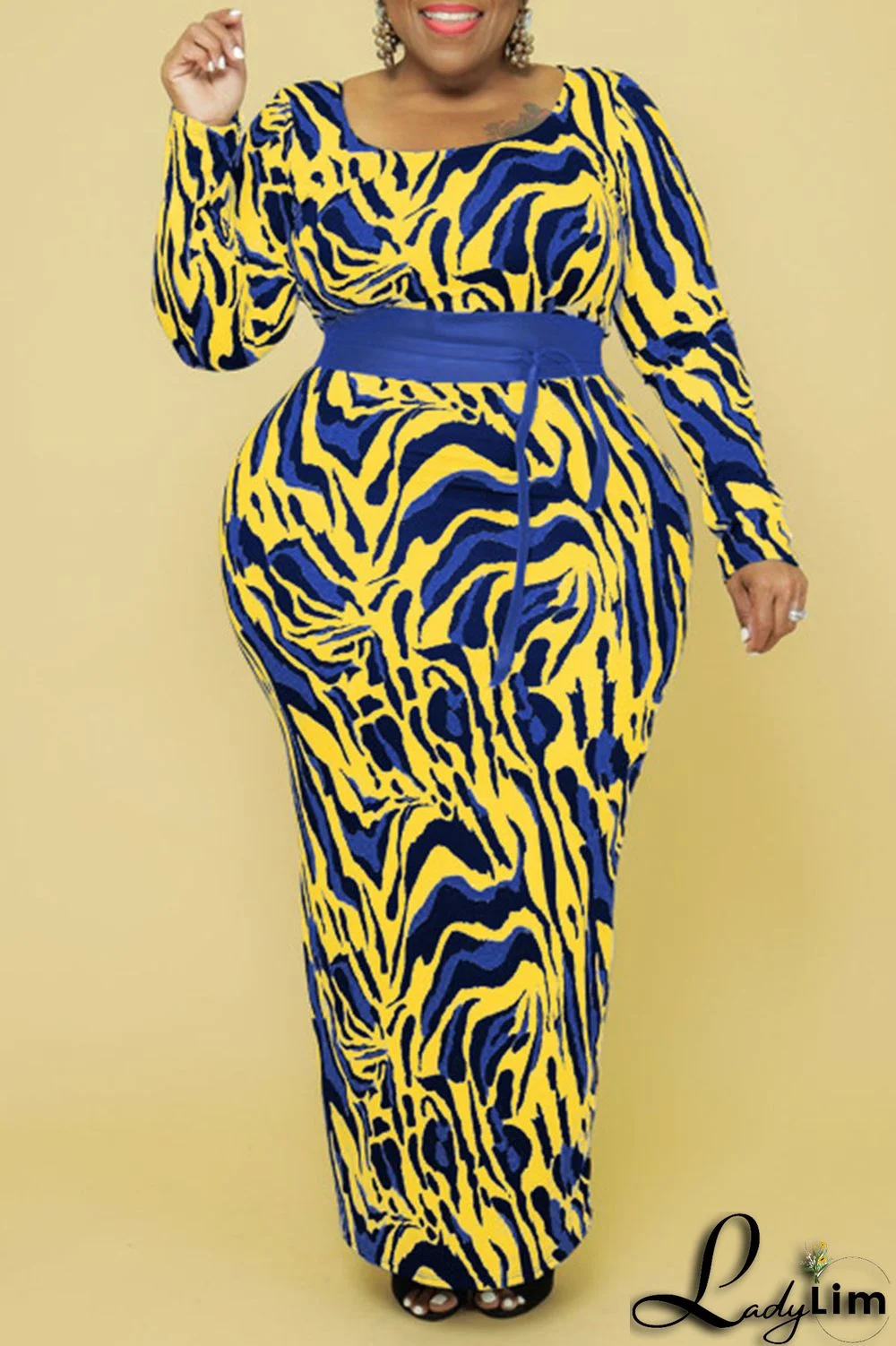 Yellow And Blue Sexy Print Patchwork O Neck One Step Skirt Plus Size Dresses(Contain The Belt)