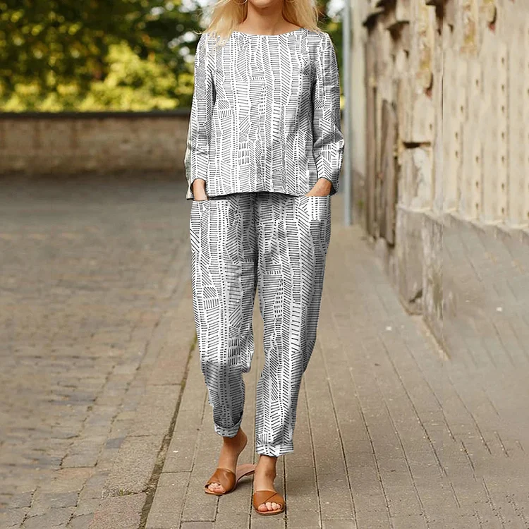 Contrast Geometric Stripe Print Long Sleeve Two Piece Set
