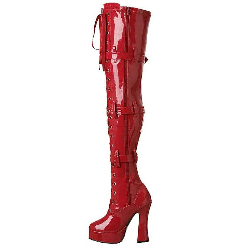TAAFO Red Over The Knee Boots Woman Zipper Bukle Strap High Square Heels Round Toe 