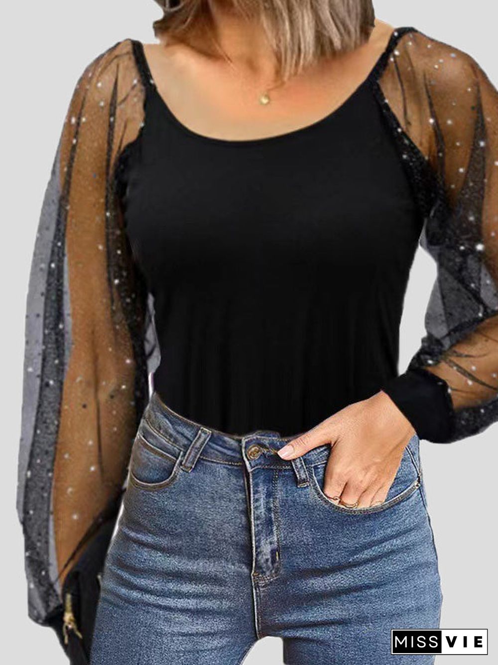 Women'S T-Shirts Loose Crew Neck Mesh Long Sleeve T-Shirt