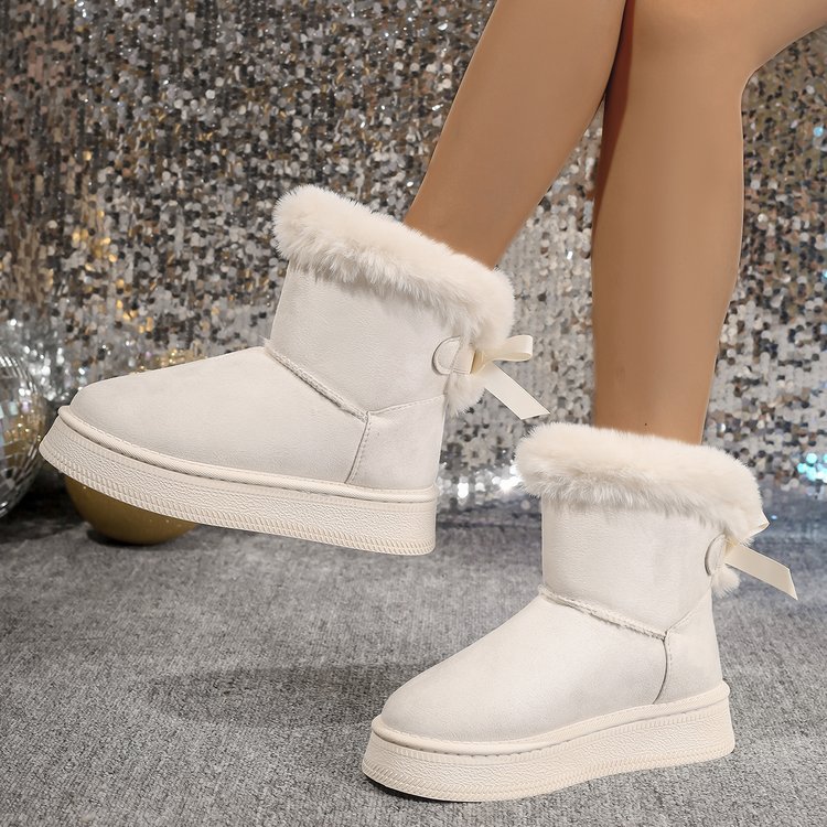 Mature Women Winter Snow Boots With Bowknot Fashion Round Toe Flat Thickened Suede Cotton Shoes