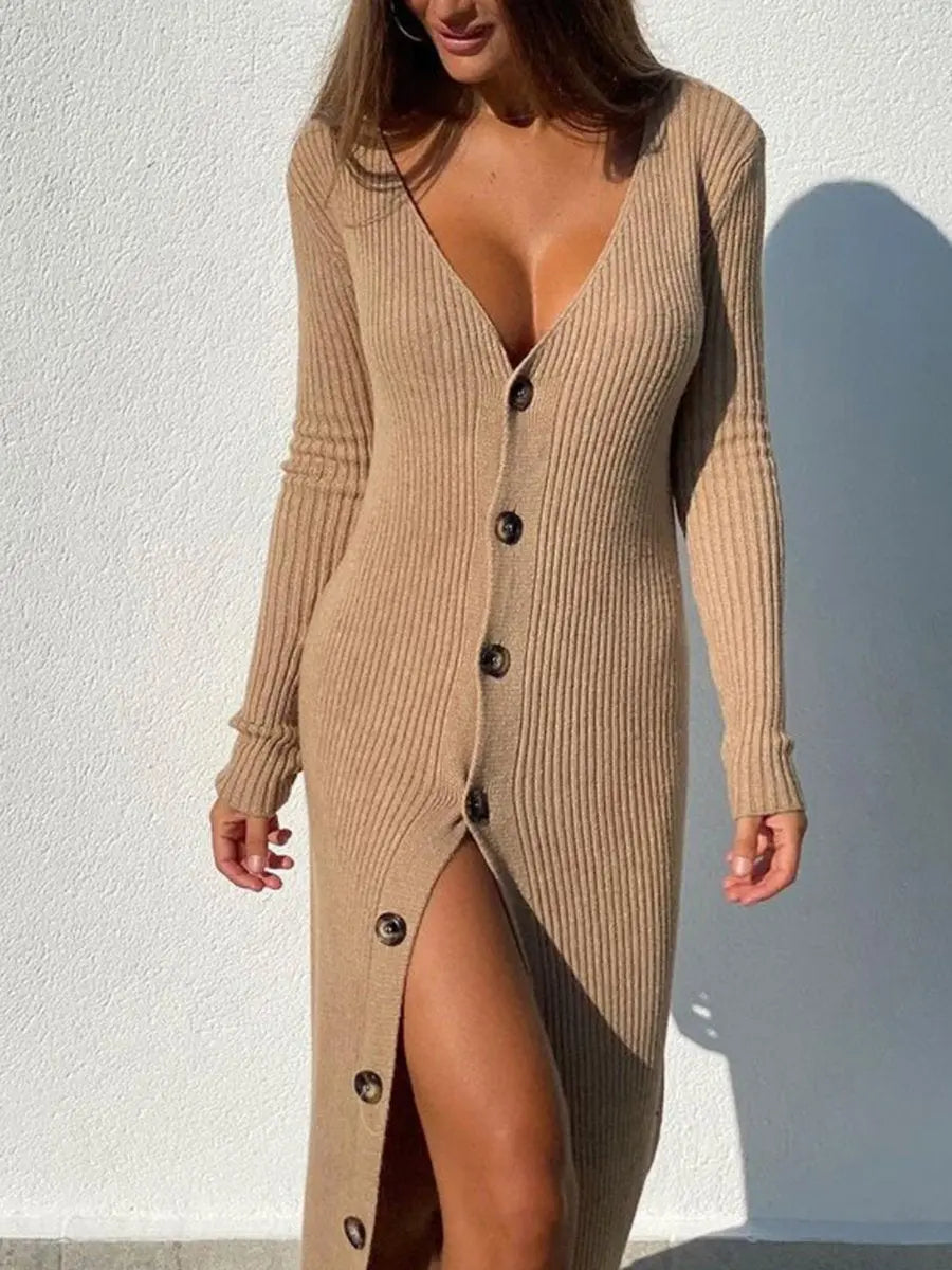 V Neck Long Sleeve Single-breasted Knitted Midi Dress