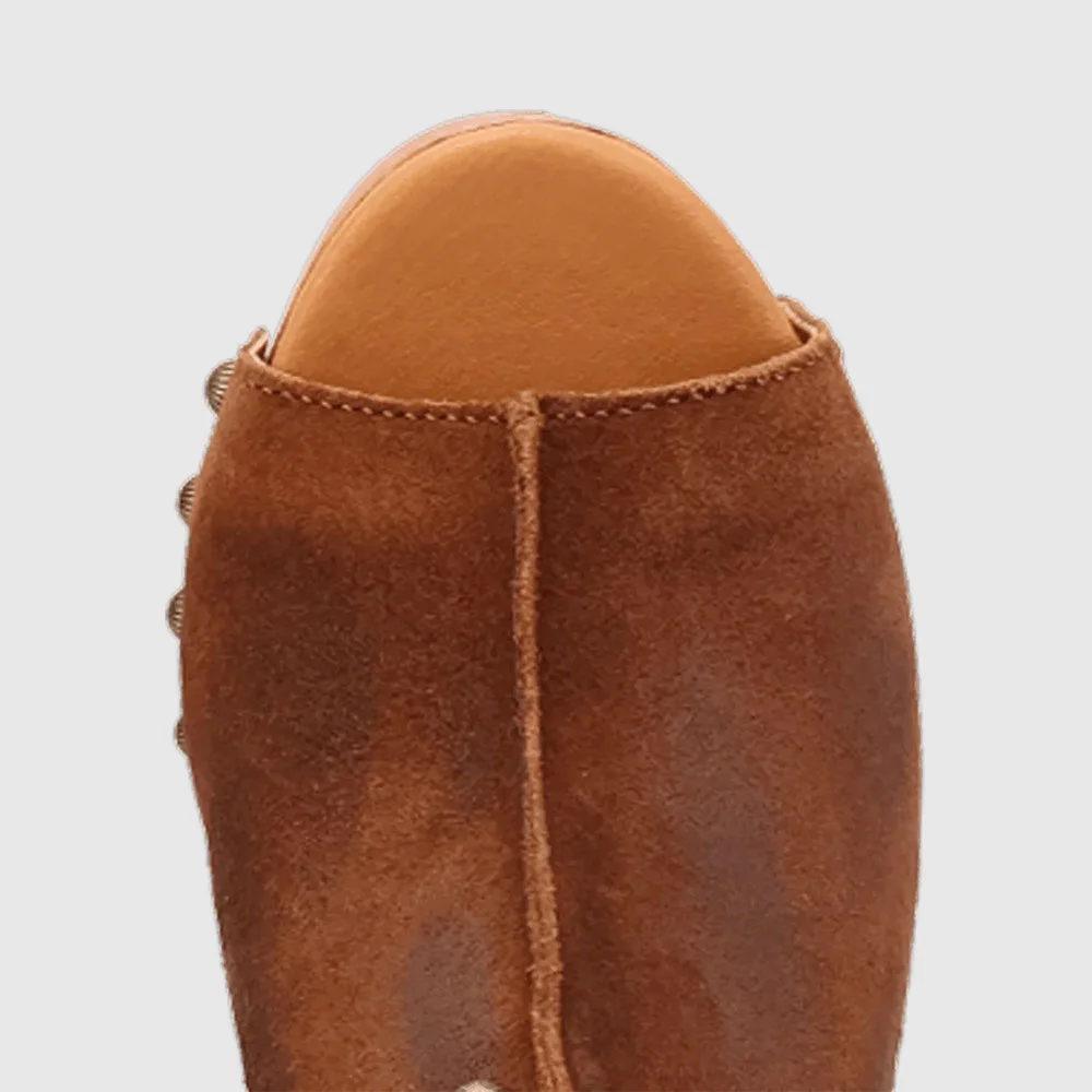 Peep Toe Block Heel Studded Clogs Brown Platform Slip On Sandals