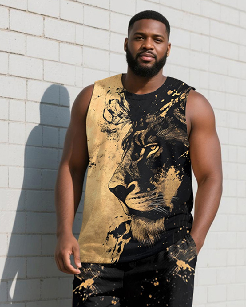 Big & Tall Men's Lion Print Tank Trousers Suit
