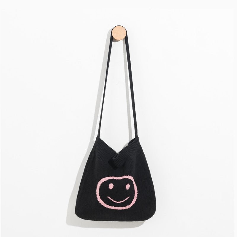 MABULA Smile Print Crochet knitted Tote Handbag Soft Cotton Crossbody Bag for Women Large Capacity Work Travel Purses