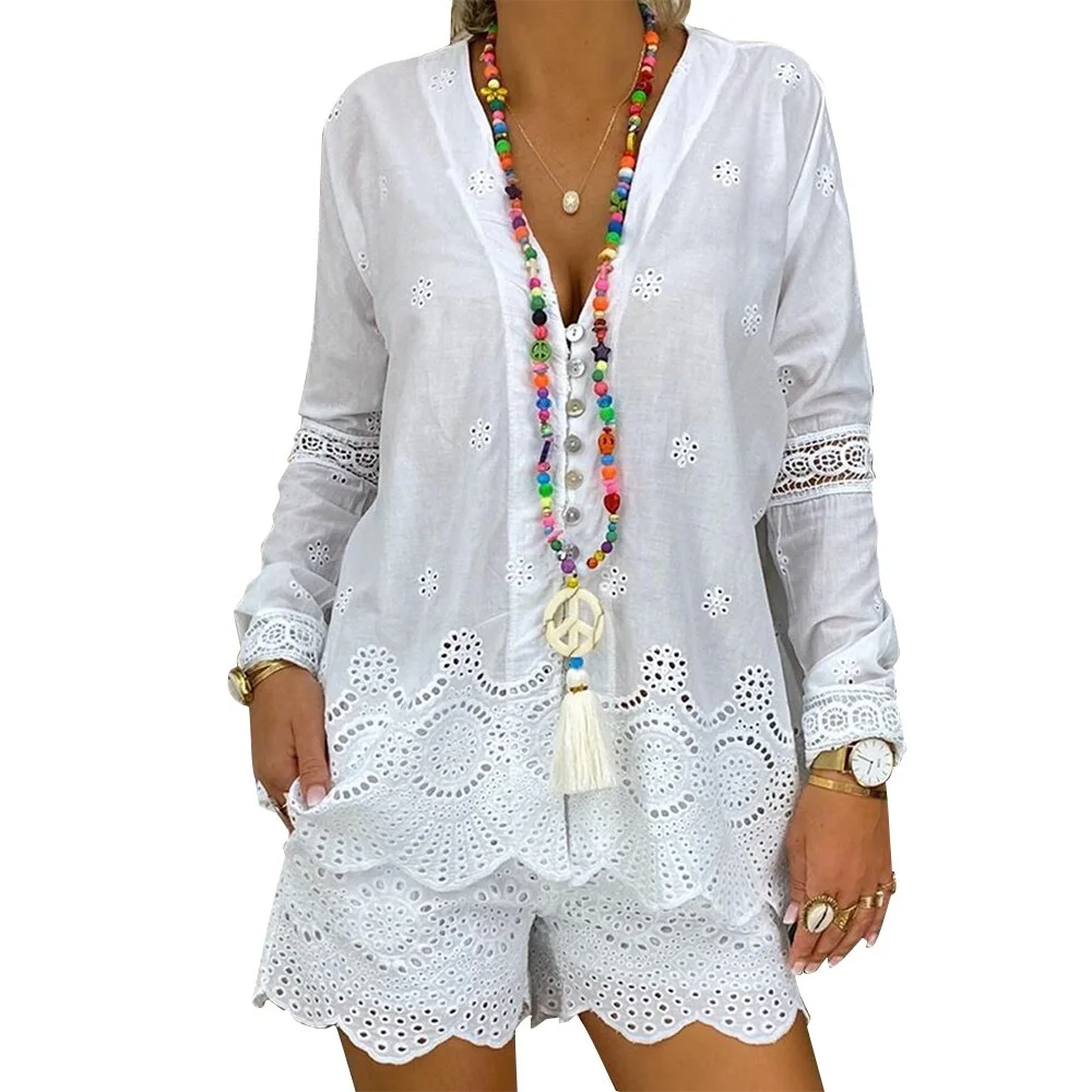 Elegant Solid Female Suits Autumn Casual Loose Women Two Piece Sets Spring Jacquard Long Sleeve Pullover Tops Shorts Outfits