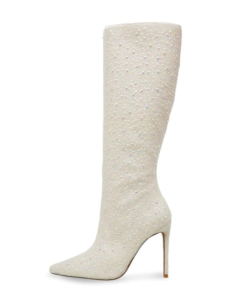 Ivory Pearl Zip Pointed Toe Stiletto Heel Mid Calf Boots