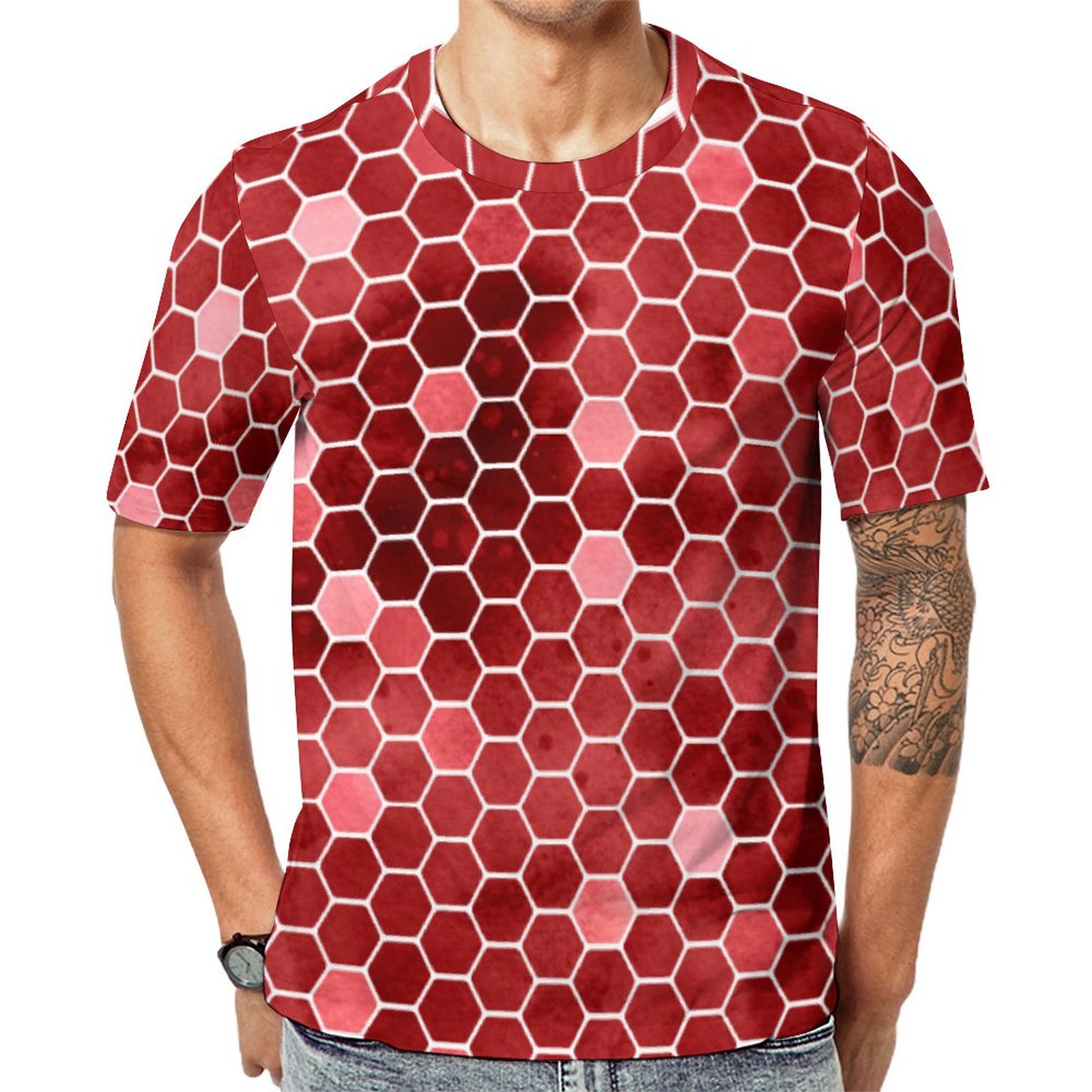 Chic Red And Salmon Pink Honeycomb  Short Sleeve Print Unisex Tshirt Summer Casual Tees for Men and Women Coolcoshirts