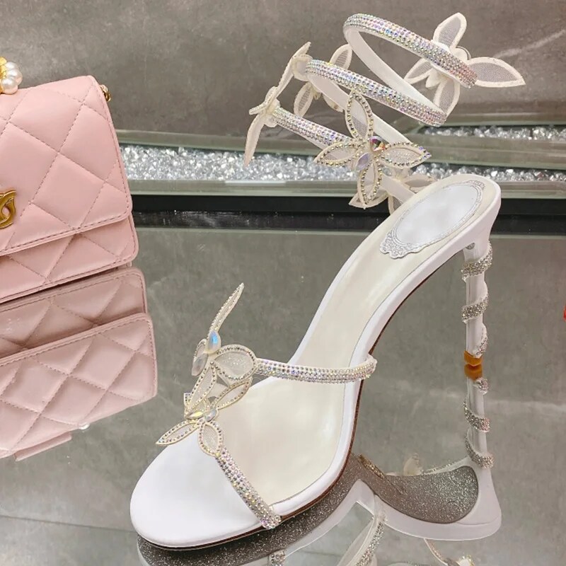 VCSHOES Butterfly Serpentine Embellished Crystal High-Heeled Sandals Round Toe Stiletto Heels Party Evening Woman Sandals