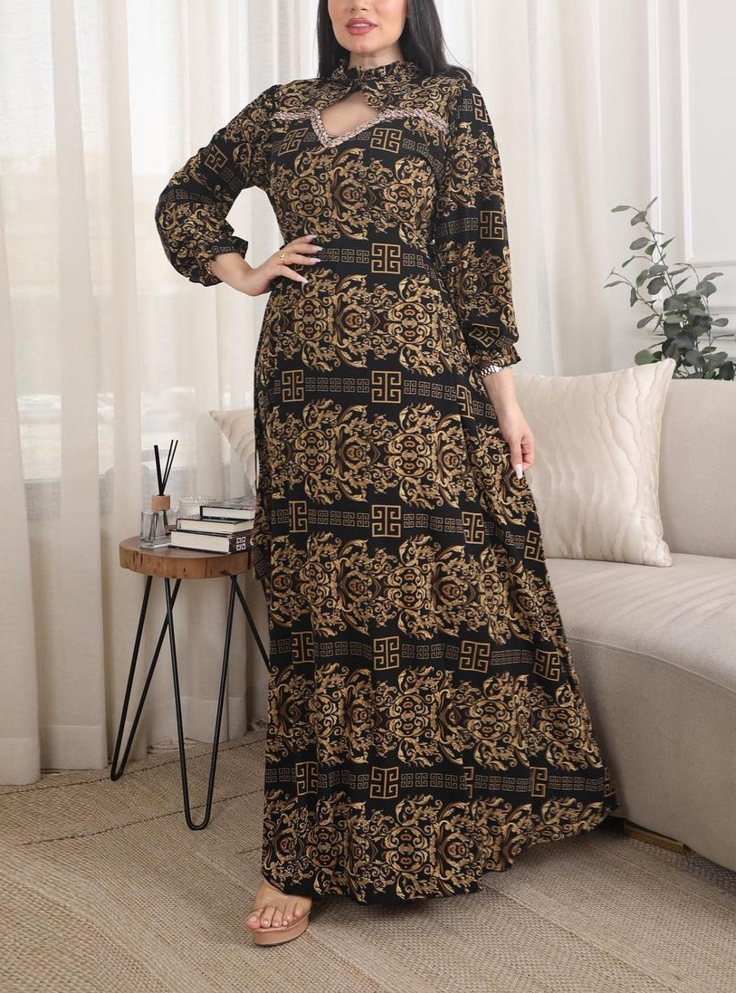 Women Fashion Vintage Print Sexy Small Stand Collar Home Dress | Oxredo Shop Ramadan Sale