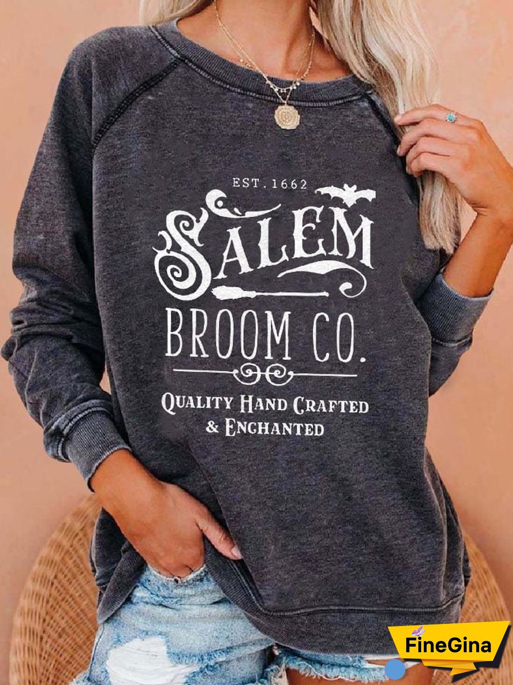 Salem Broom Co Quality Handcrafted Enchanted Est 1692 Print Sweatshirt