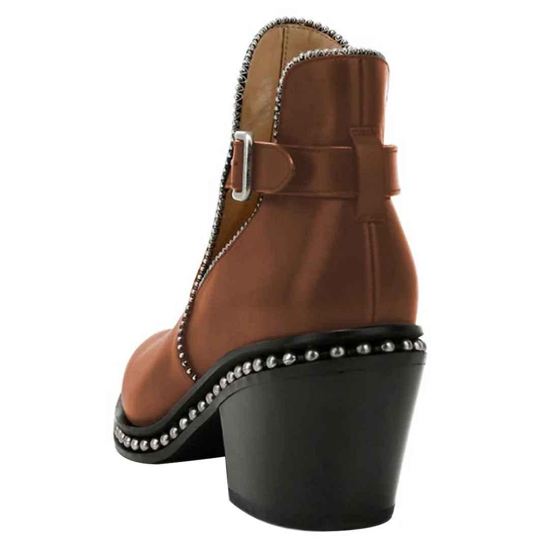 Women's Studded Chunky Heel Ankle Strap Pointed Toe Brown Ankle Boots