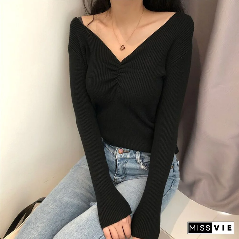 Fall Sexy V Neck Sweater And Pullover Women Slim Fit Long Sleeve Knitted Tops Female Korean Fashion Solid Color Soft Jumper
