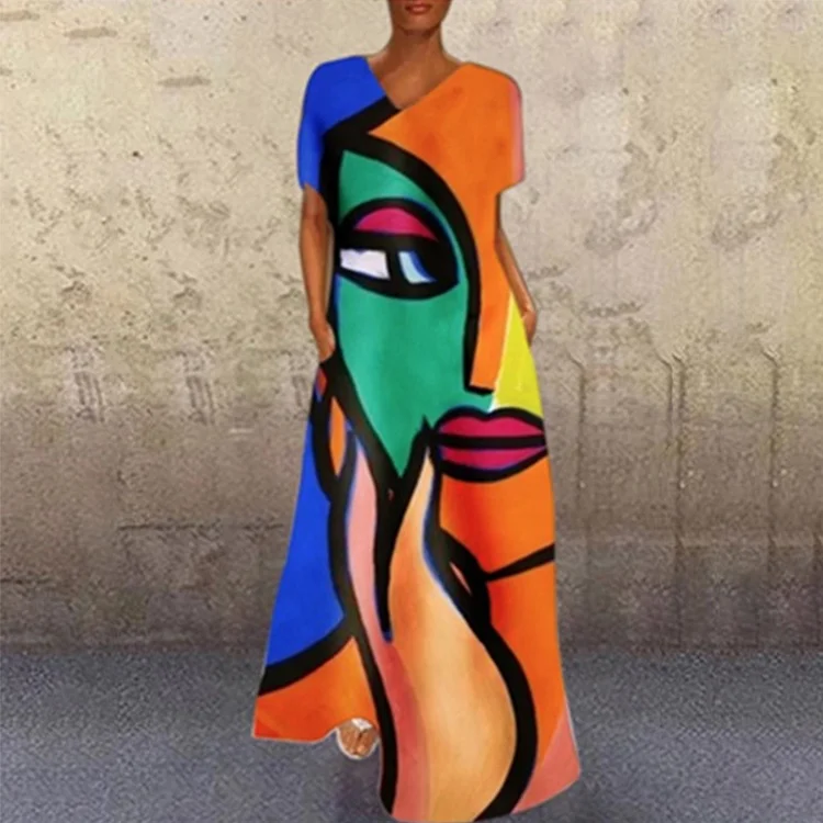 Abstract Face Printed Dress With Short Sleeves