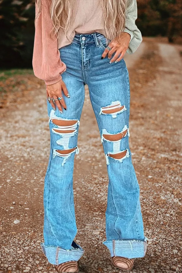 Classic All-Match Distressed Flared Jeans
