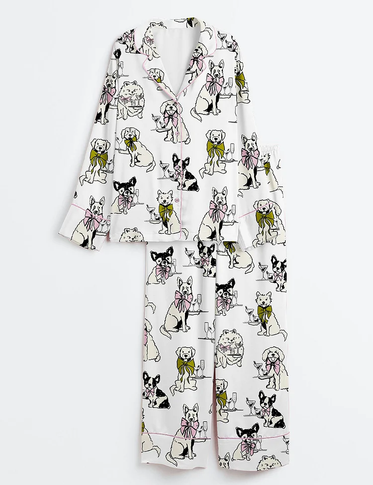 Women&rsquo;s Festival Martini Drinks Clip Hand Drawn Martini Glass With Bartender Dog Print Long Sleeve Satin Pajama Set