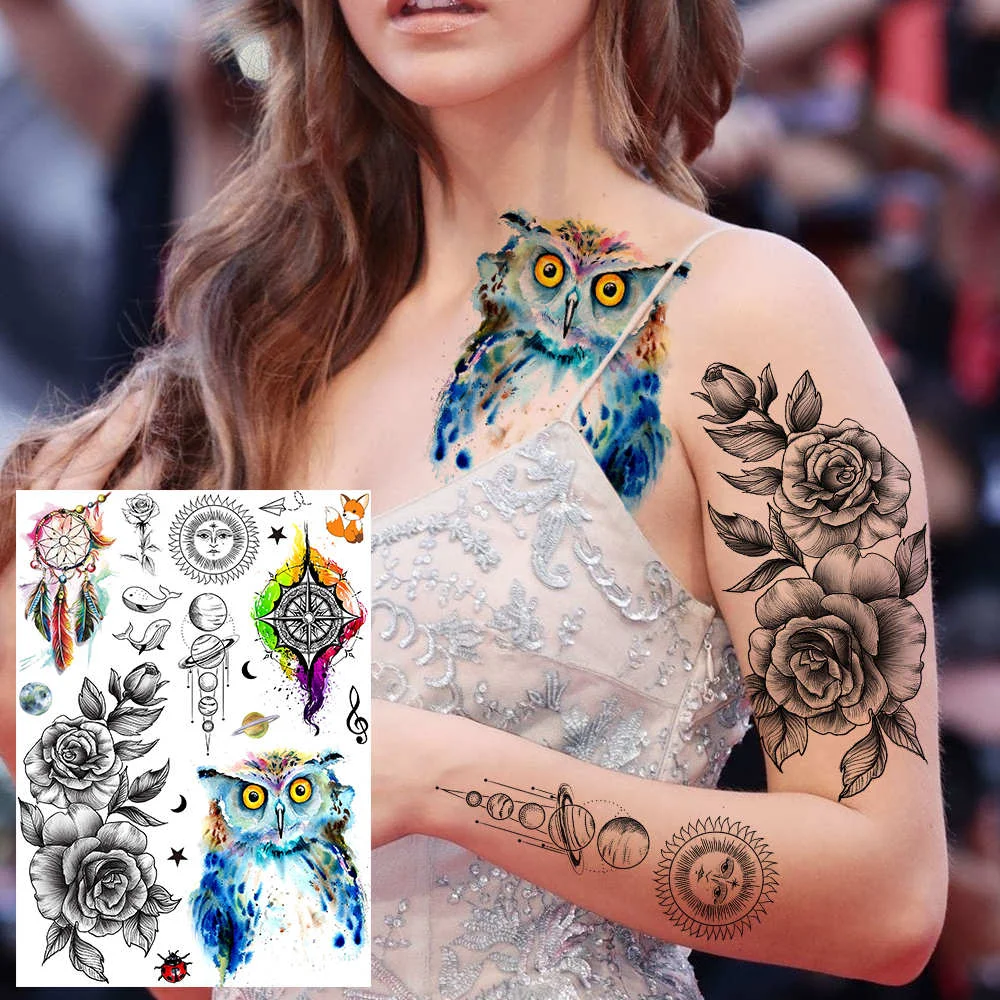 Sdrawing Sheets Watercolor Lion Tiger Wolf Temporary Tattoos For Women Men Arm Tattoo Stickers Fake Flower Skeleton Temp Tatoos Decals