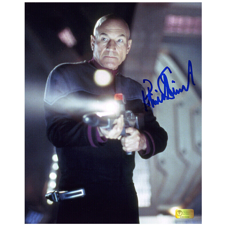 Patrick Stewart Autographed Star Trek Capt Picard Phaser 8x10 Action Photo Poster painting