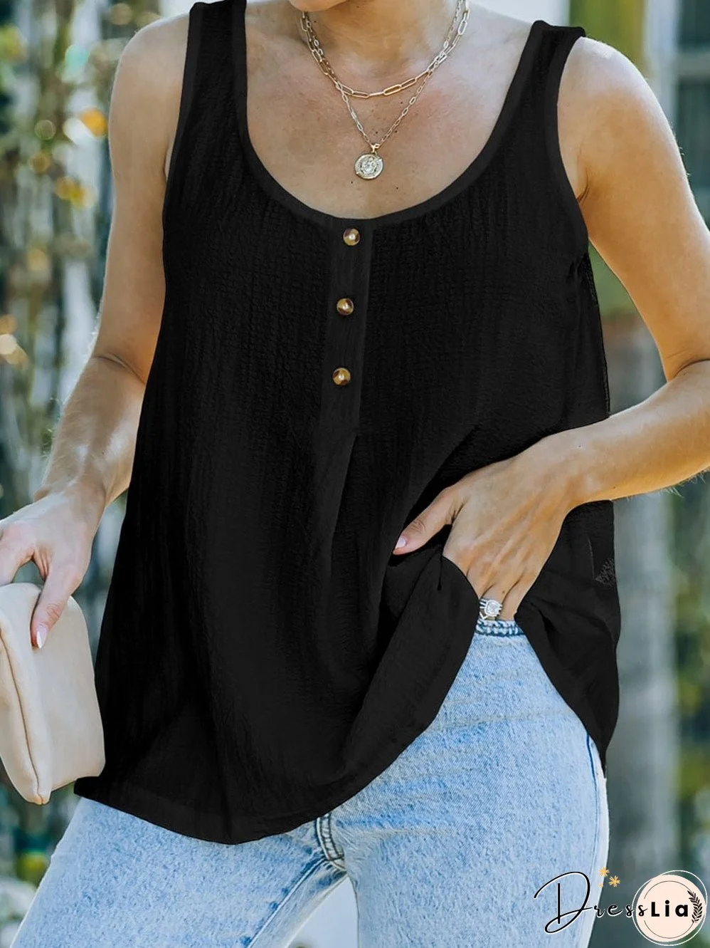 Button-Up Black Textured Sleeveless Top