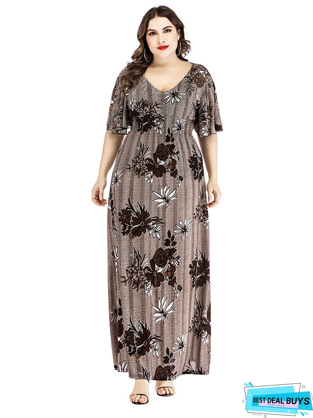 V-Neck Printed Long Skirt Plus Size Dress