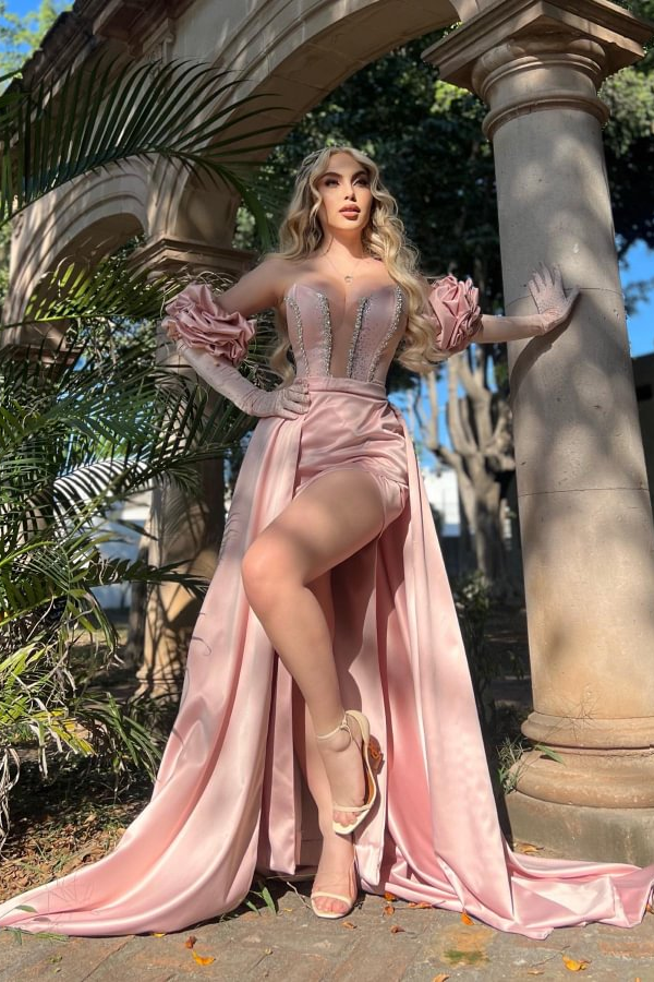 Daisda Pink Strapless Sleeveless Split Evening Dress with Gloves