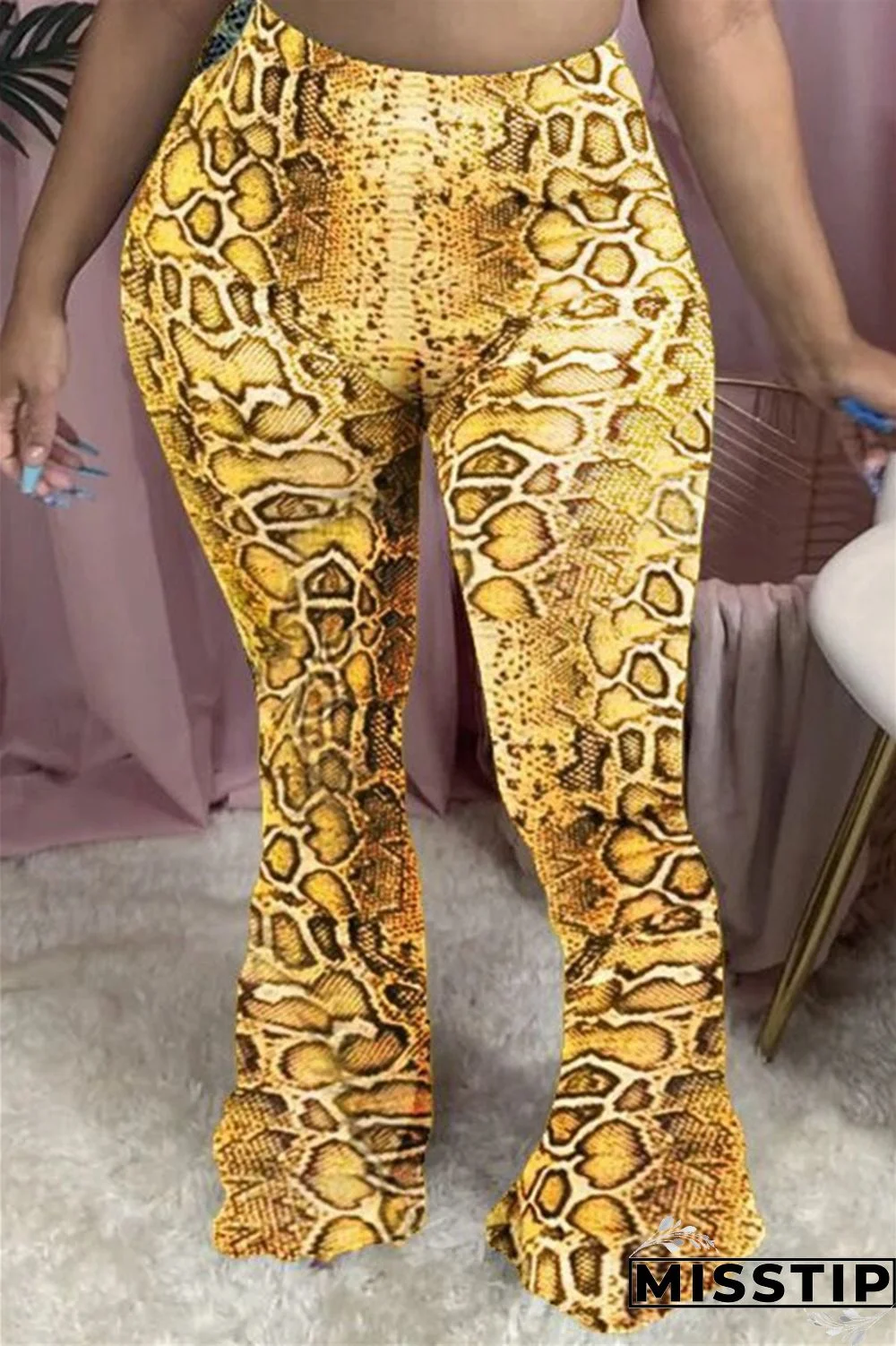 Yellow Elastic Fly Mid Leopard Boot Cut Pants Bottoms
