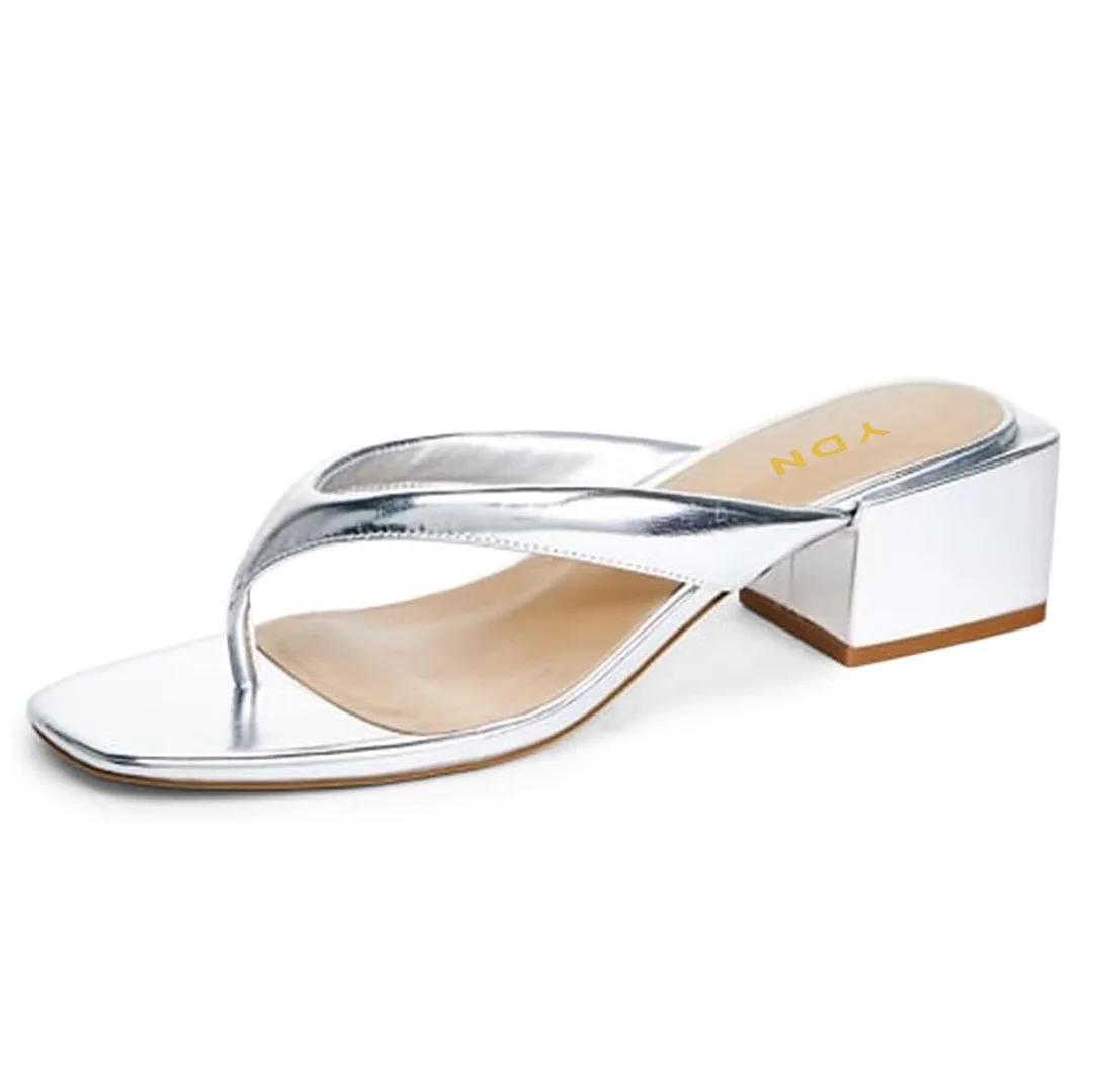 Silver Metallic Finish Open Toe Block Heel Flip Flops for Women
