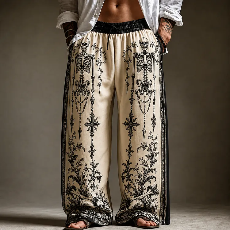 Men's Casual Drawstring Wide-leg Pants In Off-white And Black With Gothic Skeleton, Cross, And Floral Print
