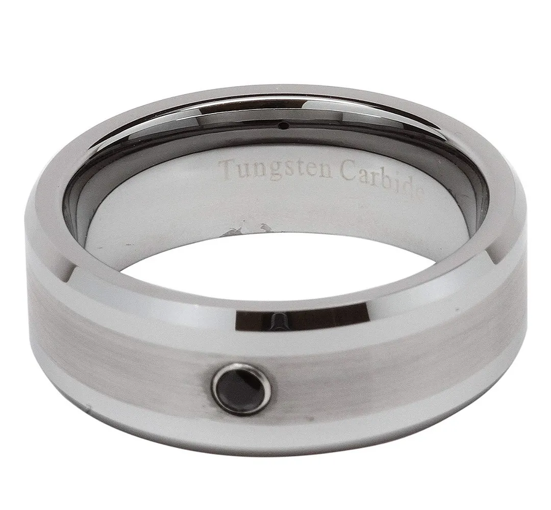 Men's Tungsten Wedding Band With 13 CZ Stones - 8mm Width, Gunmetal Finish - Sizes 7.5 To 14.5