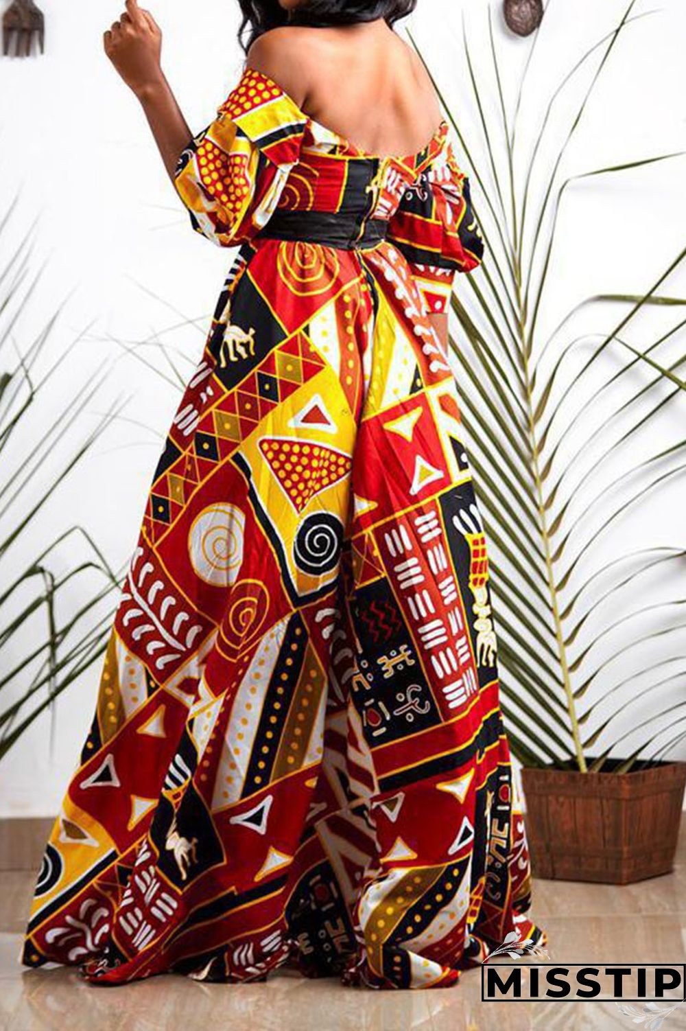 Red Fashion College Print Patchwork V Neck Long Dress Dresses