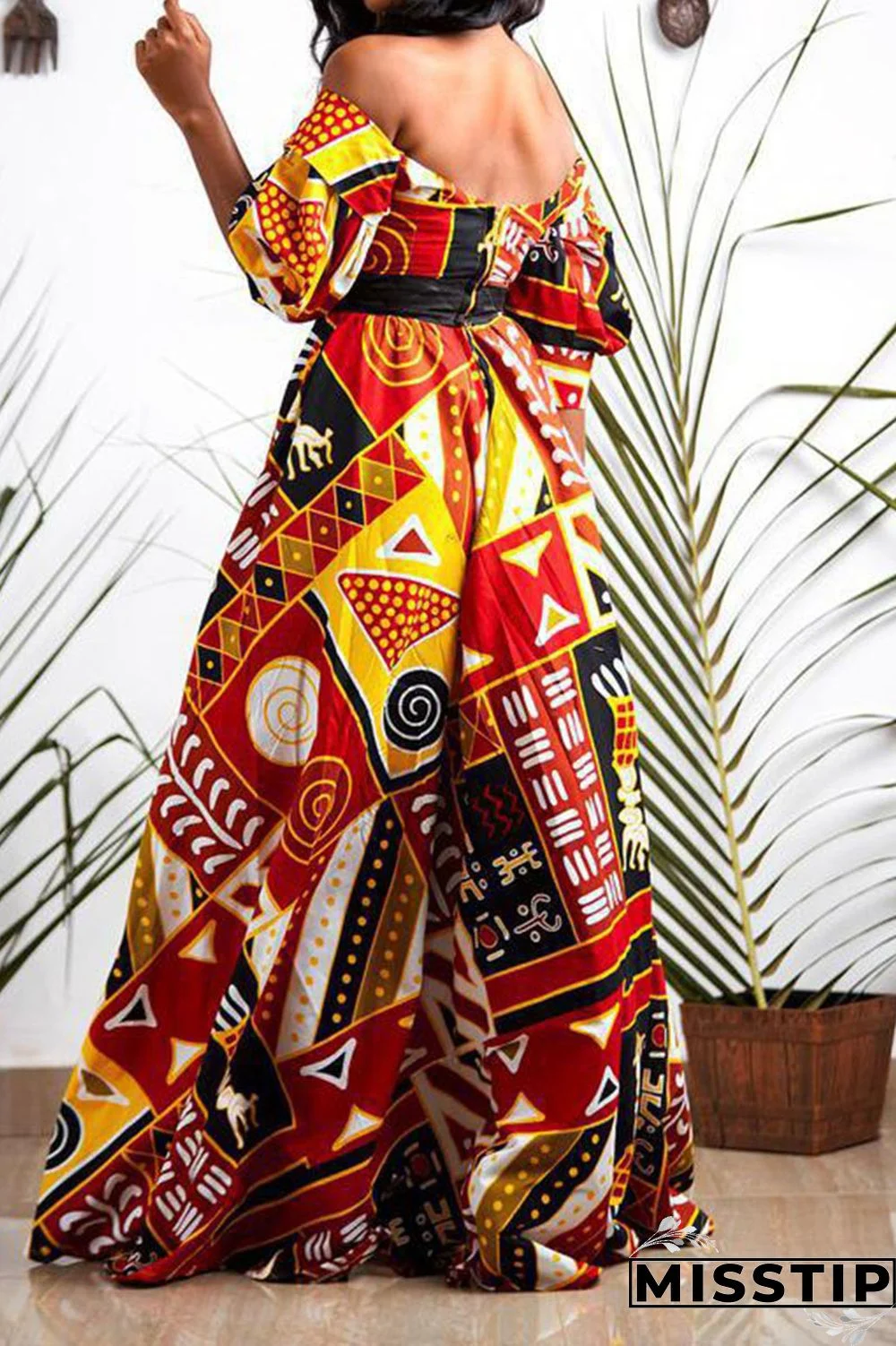 Red Fashion College Print Patchwork V Neck Long Dress Dresses