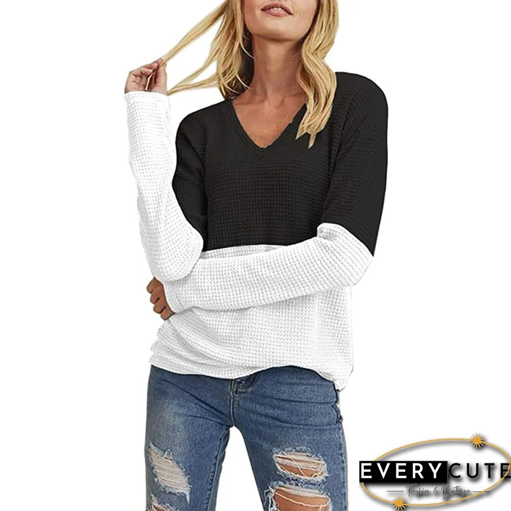 Black White Contrast Long Sleeve Knit Pullover Sweater
