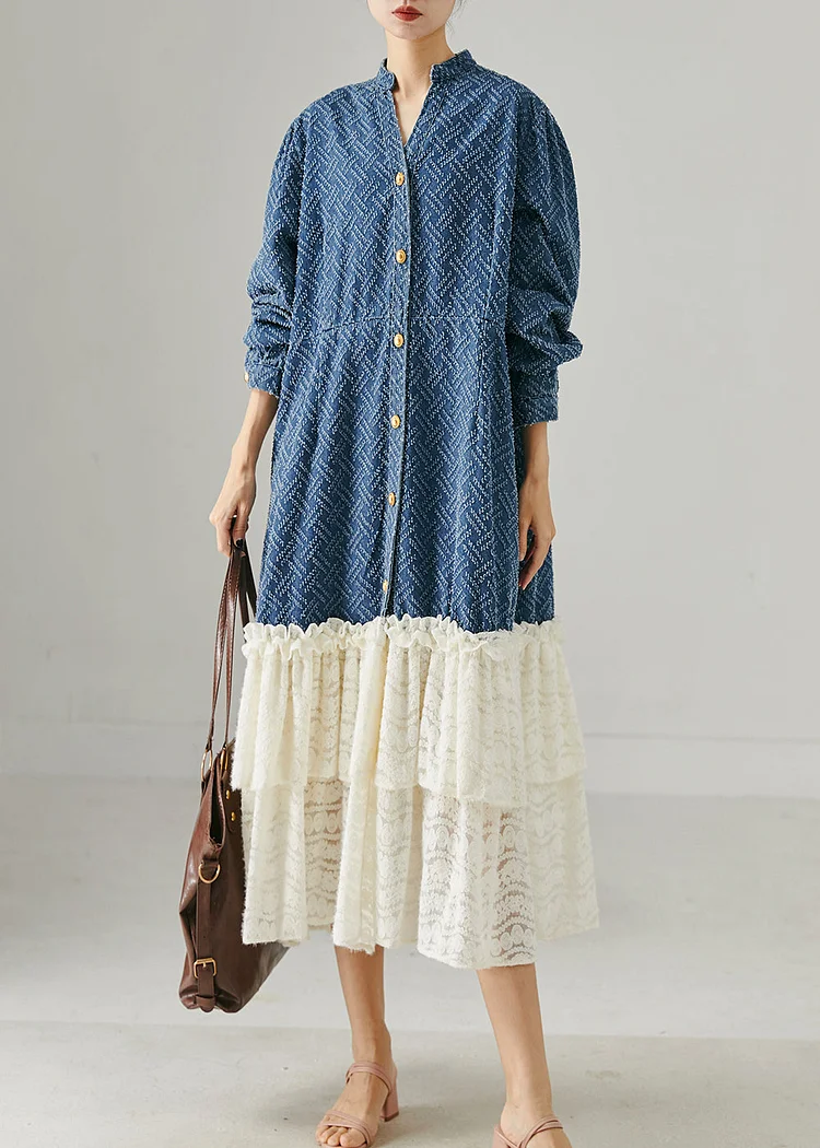Modern Navy Stand Collar Patchwork Tulle Maxi Dresses Fall