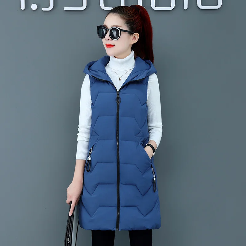 Toloer New Medium Long Down Cotton Vest Female Autumn Winter Korean Version Hooded Cotton Horse Clip Warm Vest Vest-Outfit Ideas