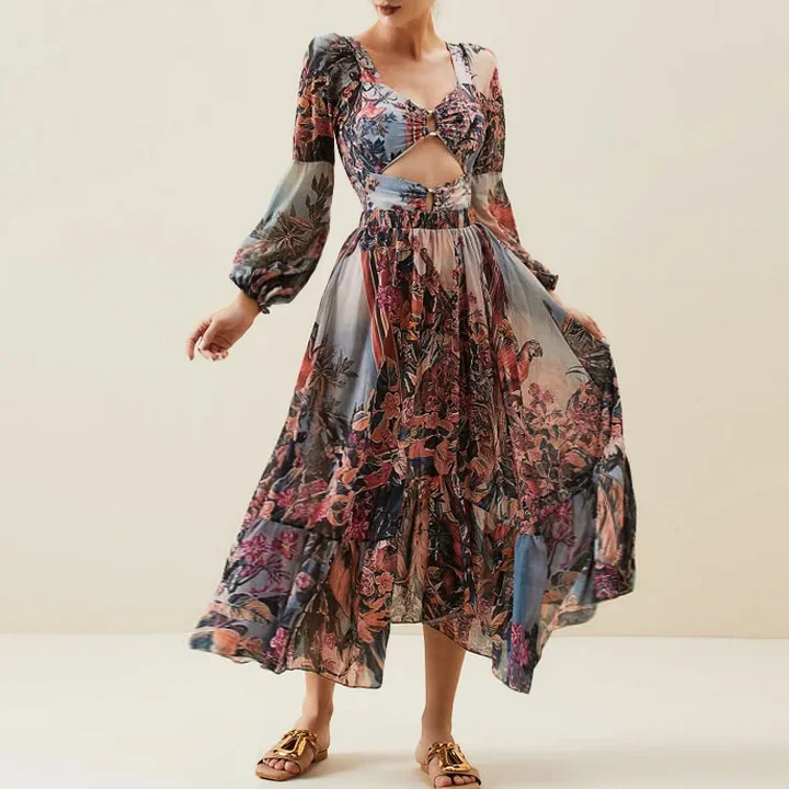Long Sleeve Cutout Printed One Piece Swimsuit and Skirt/Pants Flaxmaker 