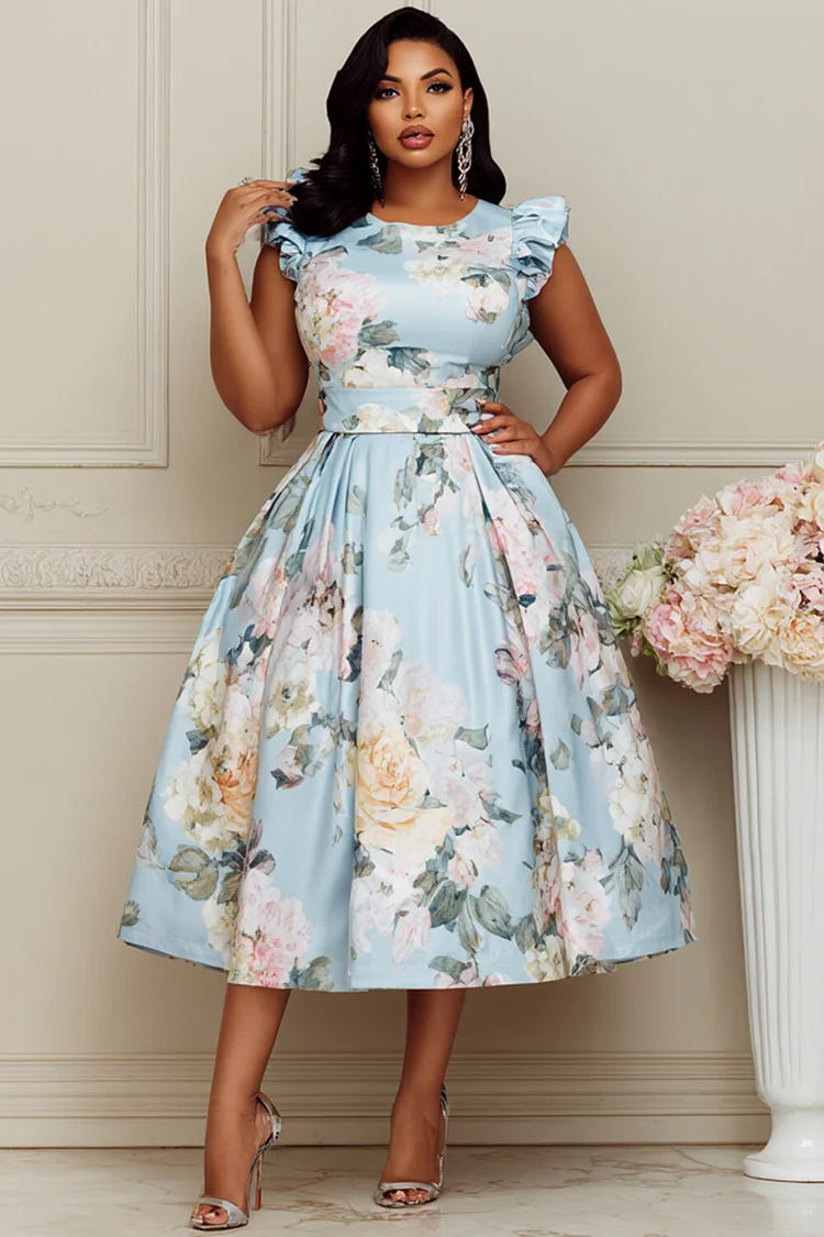 Xpluswear Design Plus Size Wedding Guest Blue Floral Round Neck Flutter Sleeve Pocket Ruffle Satin Midi Dresses [Pre-Order] 2024 - Xpluswear