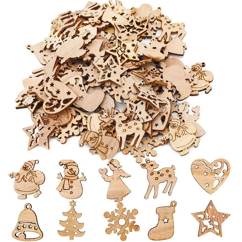 50pcs Natural Wood Chip Ornaments Christmas Decorations For Home Xmas Tree Snowflake Mixed Shape Wooden Crafts Scrapbooking