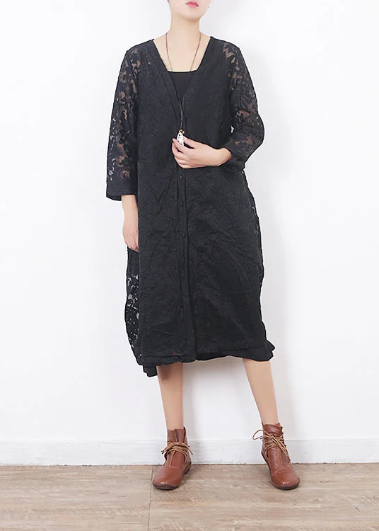 French black lace clothes For Women Omychic Work Outfits v neck loose summer hollow out cardigan