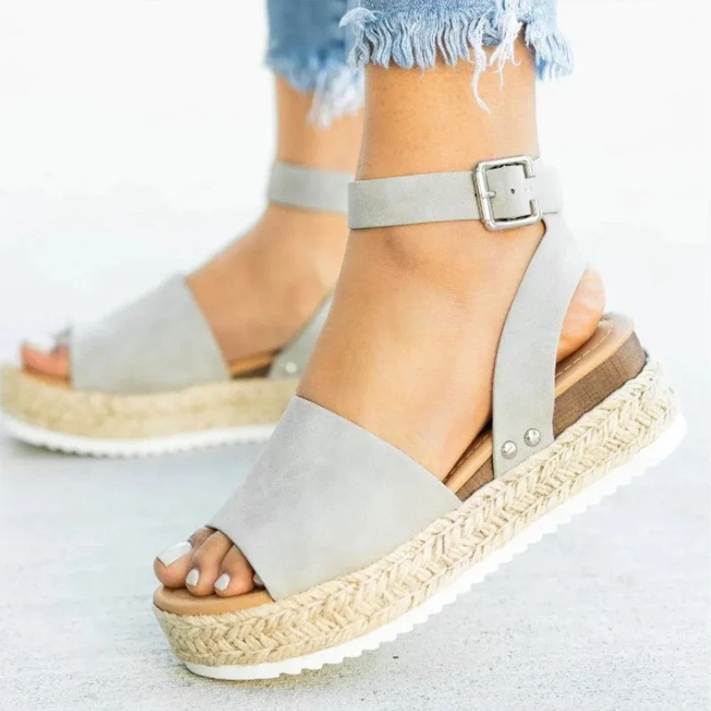 Qengg New Women Casual Sandals Fish Mouth Hemp Rope Platform Wedge Shoes Fashion Round Toe Buckle Leopard Print Beach Flats Plus Size
