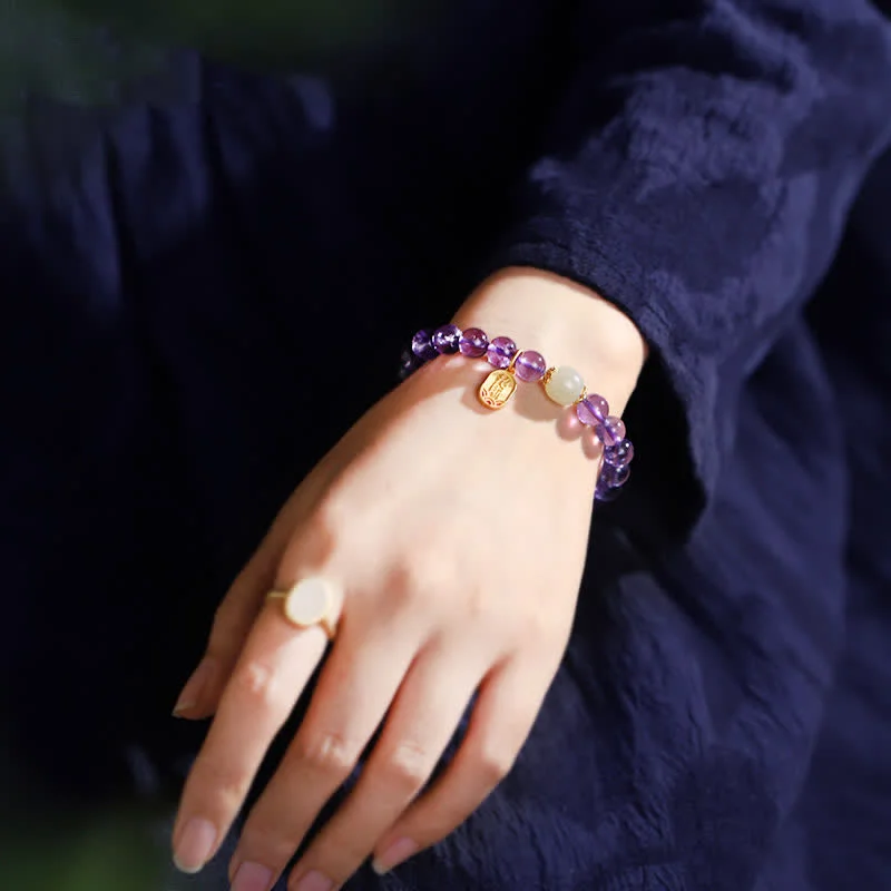 Natural Amethyst Crystal Hetian Jade Healing Charm Bracelet