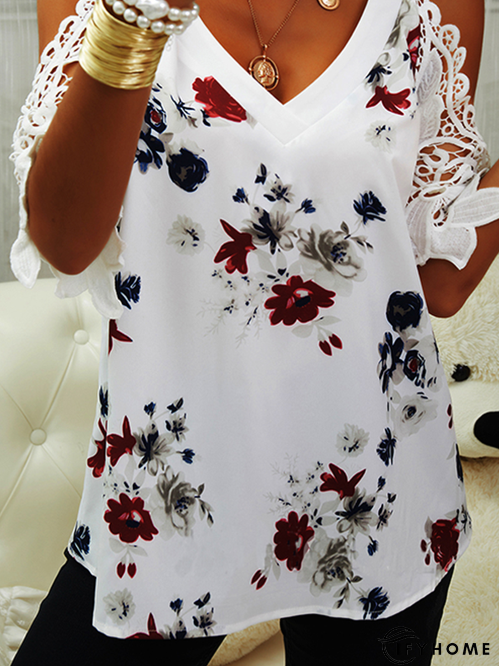 Floral-Print Cotton-Blend Short Sleeve Casual T-shirt | IFYHOME