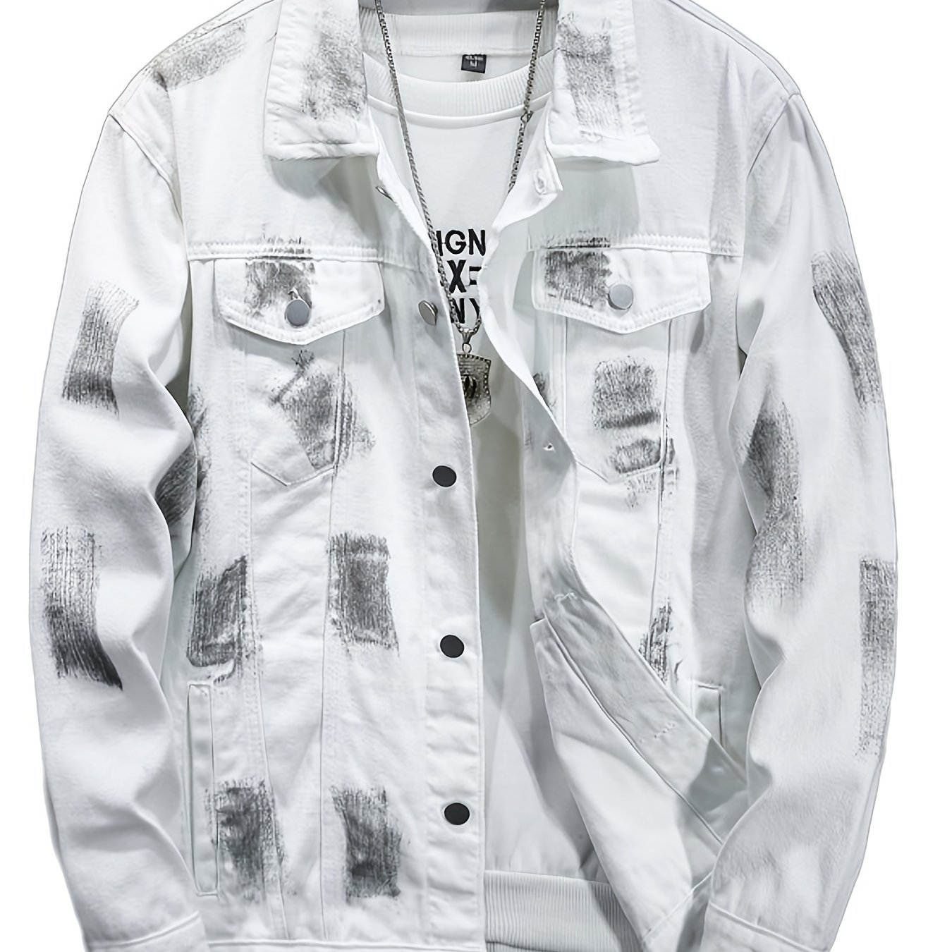 Men's Stylish Denim Jacket Sexy Long Sleeve Button Up Jacket Vintage White Wild Sketch Print Top