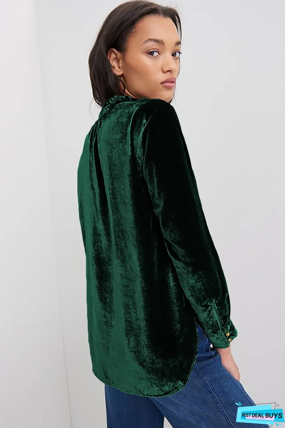 Frill Half Button Mock Neck Long Sleeve Blouse