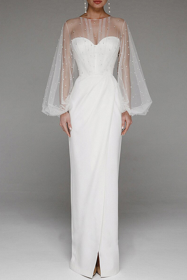 Elegant Solid Slit Beading Mesh Strapless Evening Dress