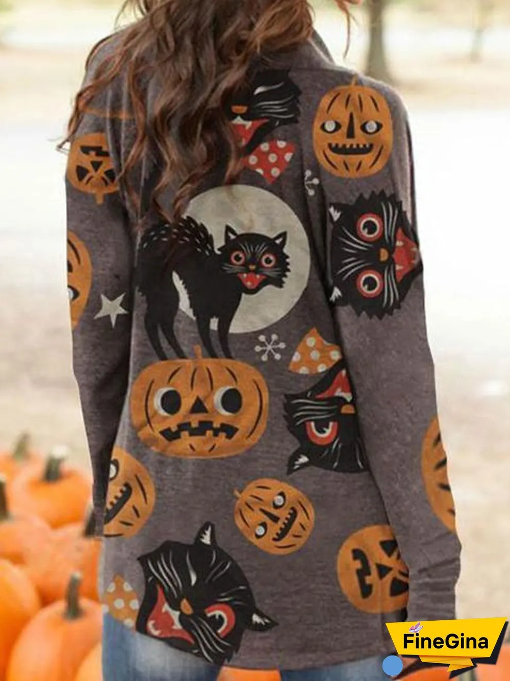 Halloween Animal Cat Pumpkin Print Cardigan