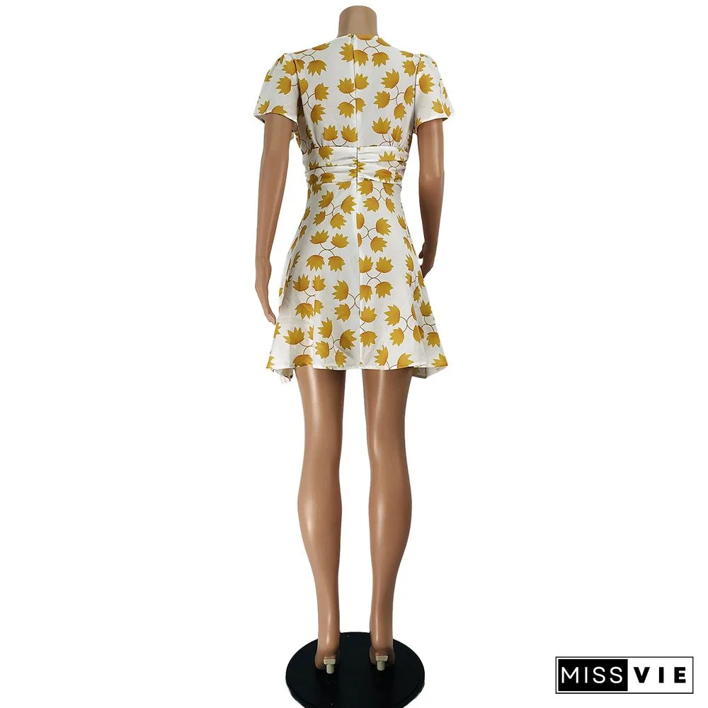 Women Casual V Neck Short Sleeve A Line Mini Dress